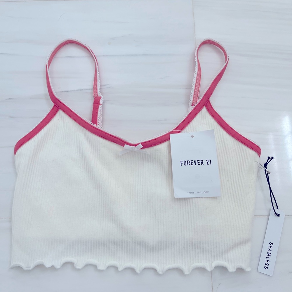 Forever21 Seamless Cropped Bow White & Pink Coquette Tank Top Cami Spring